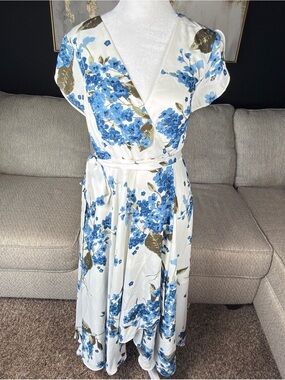 Lulu's White Wrap Midi Dress with Blue Floral Print